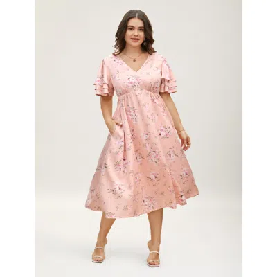 Bloomchic Women's Plus Size Floral Elastic Waist Tiered Ruffle Sleeve Dress Crepe Floral Midi Elegant Ruffles 