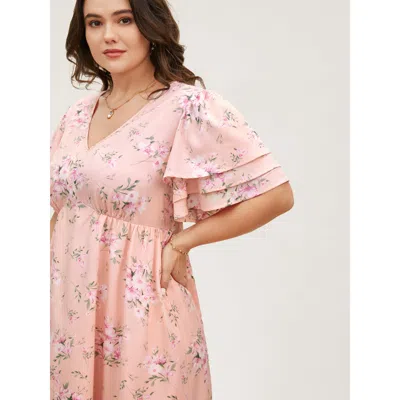 Bloomchic Women's Plus Size Floral Elastic Waist Tiered Ruffle Sleeve Dress Crepe Floral Midi Elegant Ruffles 