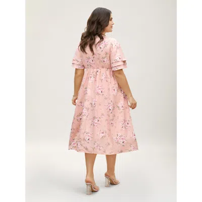 Bloomchic Women's Plus Size Floral Elastic Waist Tiered Ruffle Sleeve Dress Crepe Floral Midi Elegant Ruffles 