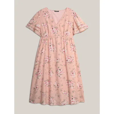 Bloomchic Women's Plus Size Floral Elastic Waist Tiered Ruffle Sleeve Dress Crepe Floral Midi Elegant Ruffles 