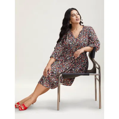 Bloomchic Women's Plus Size Floral Print Drawstring Pockets Flared Mini Dress Black Ditsy Floral Knee Elegant 