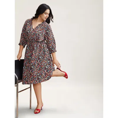 Bloomchic Women's Plus Size Floral Print Drawstring Pockets Flared Mini Dress Black Ditsy Floral Knee Elegant 