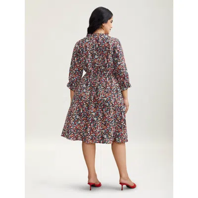 Bloomchic Women's Plus Size Floral Print Drawstring Pockets Flared Mini Dress Black Ditsy Floral Knee Elegant 