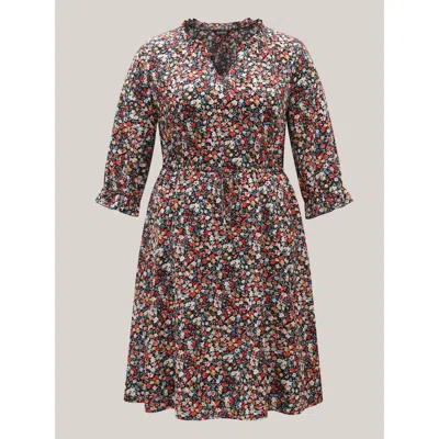 Bloomchic Women's Plus Size Floral Print Drawstring Pockets Flared Mini Dress Black Ditsy Floral Knee Elegant 