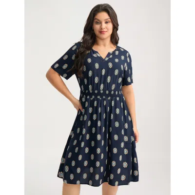 Bloomchic Women's Plus Size Rayon Geometric Floral Print Shirred Midi Dress Darkblue Geometric Knee Office 30/ In Blue