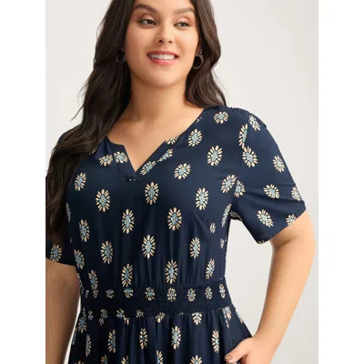 Bloomchic Women's Plus Size Rayon Geometric Floral Print Shirred Midi Dress Darkblue Geometric Knee Office 30/ In Blue