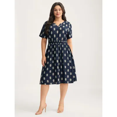 Bloomchic Women's Plus Size Rayon Geometric Floral Print Shirred Midi Dress Darkblue Geometric Knee Office 30/ In Blue