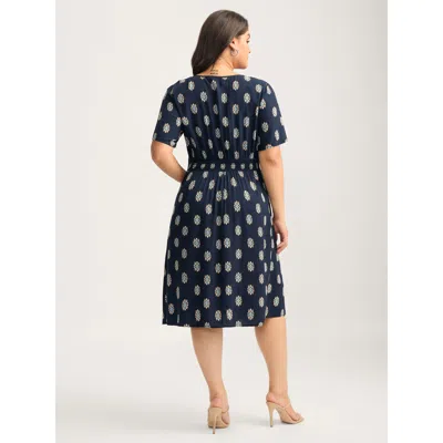 Bloomchic Women's Plus Size Rayon Geometric Floral Print Shirred Midi Dress Darkblue Geometric Knee Office 30/ In Blue