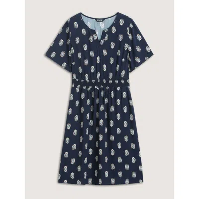 Bloomchic Women's Plus Size Rayon Geometric Floral Print Shirred Midi Dress Darkblue Geometric Knee Office 30/ In Blue