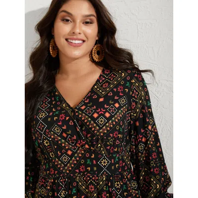 Bloomchic Women's Plus Size Supersoft Shirred Boho Collage Midi Dress Multicolor Geometric Short Vacation Over In Multi