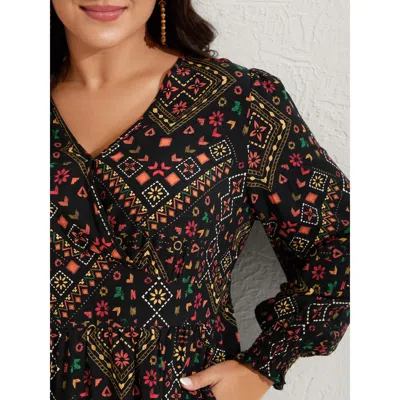 Bloomchic Women's Plus Size Supersoft Shirred Boho Collage Midi Dress Multicolor Geometric Short Vacation Over In Multi