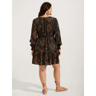 Bloomchic Women's Plus Size Supersoft Shirred Boho Collage Midi Dress Multicolor Geometric Short Vacation Over In Multi