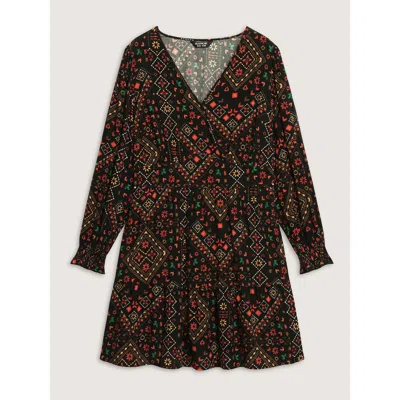 Bloomchic Women's Plus Size Supersoft Shirred Boho Collage Midi Dress Multicolor Geometric Short Vacation Over In Multi