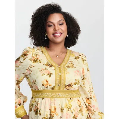 Bloomchic Women's Plus Size Sunkissed Floral Color Contrast Midi Dress Mustardyellow Tropical Midi Elegant Smo