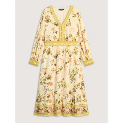 Bloomchic Women's Plus Size Sunkissed Floral Color Contrast Midi Dress Mustardyellow Tropical Midi Elegant Smo