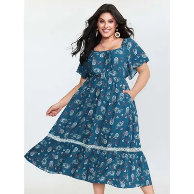 Bloomchic Women's Plus Size Supersoft Floral Print Backless Lace Midi Dress Mediumblue Paisley Midi Vacation 1