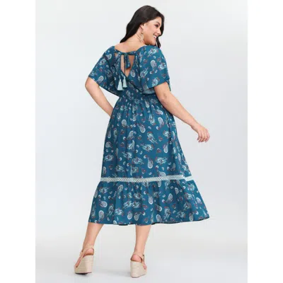 Bloomchic Women's Plus Size Supersoft Floral Print Backless Lace Midi Dress Mediumblue Paisley Midi Vacation 1