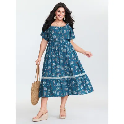 Bloomchic Women's Plus Size Supersoft Floral Print Backless Lace Midi Dress Mediumblue Paisley Midi Vacation 1