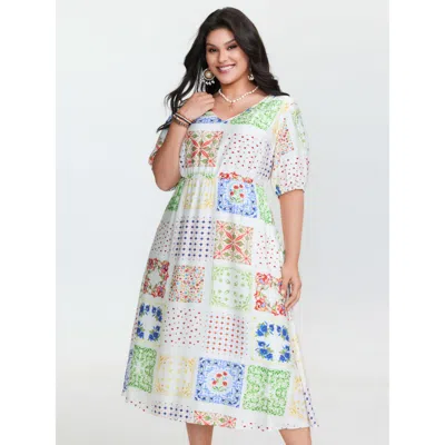 Bloomchic Women's Plus Size Floral Collage Pockets Stretchy Waist Midi Dress Multicolor Geometric Midi Vacatio