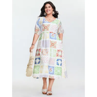Bloomchic Women's Plus Size Floral Collage Pockets Stretchy Waist Midi Dress Multicolor Geometric Midi Vacatio