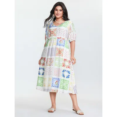 Bloomchic Women's Plus Size Floral Collage Pockets Stretchy Waist Midi Dress Multicolor Geometric Midi Vacatio