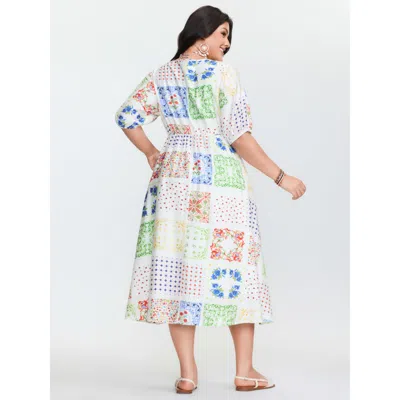 Bloomchic Women's Plus Size Floral Collage Pockets Stretchy Waist Midi Dress Multicolor Geometric Midi Vacatio