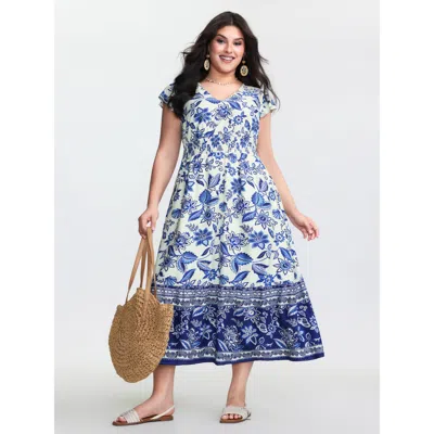 Bloomchic Women's Plus Size Floral Print Ruffled Sleeve Embroidered Midi Dress Mediumblue Floral Midi Vacation