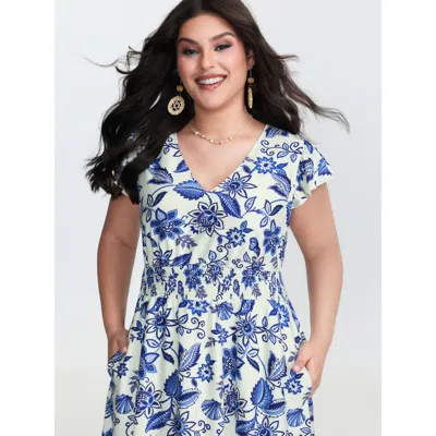 Bloomchic Women's Plus Size Floral Print Ruffled Sleeve Embroidered Midi Dress Mediumblue Floral Midi Vacation