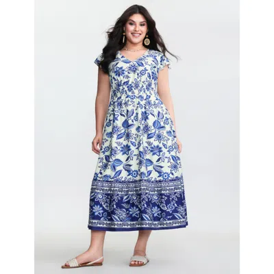 Bloomchic Women's Plus Size Floral Print Ruffled Sleeve Embroidered Midi Dress Mediumblue Floral Midi Vacation