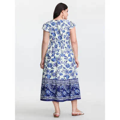 Bloomchic Women's Plus Size Floral Print Ruffled Sleeve Embroidered Midi Dress Mediumblue Floral Midi Vacation