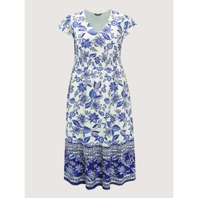 Bloomchic Women's Plus Size Floral Print Ruffled Sleeve Embroidered Midi Dress Mediumblue Floral Midi Vacation