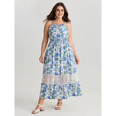 Bloomchic Women's Plus Size Large Floral Print Lace Trim Midi Dress Truegreen Ditsy Floral Midi Vacation Patch