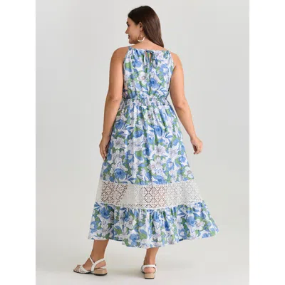 Bloomchic Women's Plus Size Large Floral Print Lace Trim Midi Dress Truegreen Ditsy Floral Midi Vacation Patch