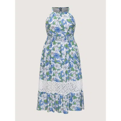 Bloomchic Women's Plus Size Large Floral Print Lace Trim Midi Dress Truegreen Ditsy Floral Midi Vacation Patch