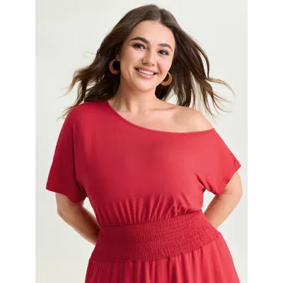 Bloomchic Women's Plus Size Stretchy Off-shoulder Shirred Waist Mini Dress Raspberry Solid Midi Vacation 12/l In Pink