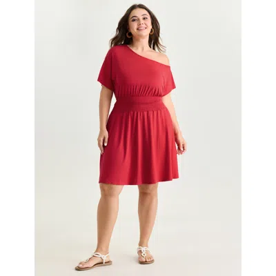 Bloomchic Women's Plus Size Stretchy Off-shoulder Shirred Waist Mini Dress Raspberry Solid Midi Vacation 12/l In Pink