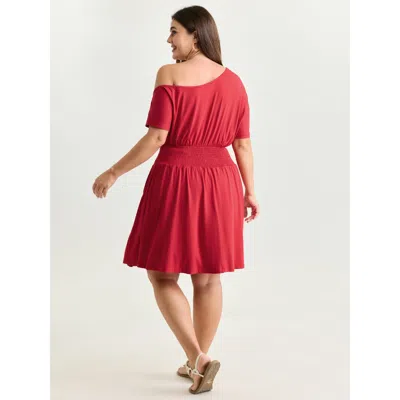 Bloomchic Women's Plus Size Stretchy Off-shoulder Shirred Waist Mini Dress Raspberry Solid Midi Vacation 12/l In Pink