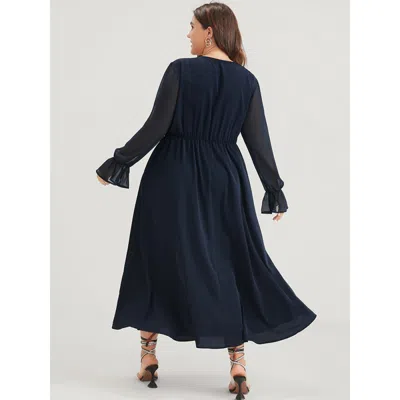 Bloomchic Women's Plus Size Solid Button Split Pocket Wrap Lantern Sleeve Ruffles Hem Dress Darkblue Solid Dai In Blue