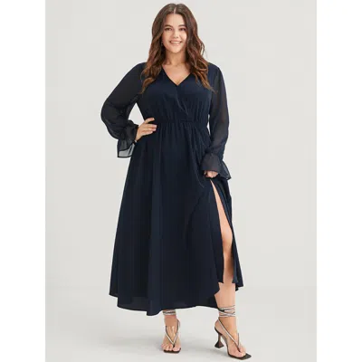 Bloomchic Women's Plus Size Solid Button Split Pocket Wrap Lantern Sleeve Ruffles Hem Dress Darkblue Solid Dai In Blue