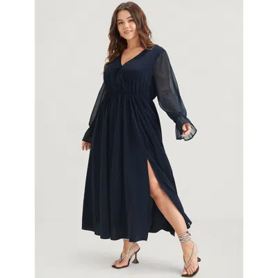 Bloomchic Women's Plus Size Solid Button Split Pocket Wrap Lantern Sleeve Ruffles Hem Dress Darkblue Solid Dai In Blue