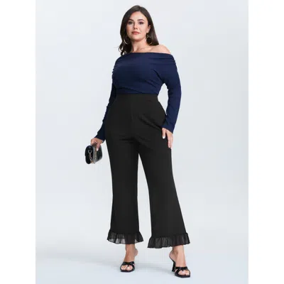 Bloomchic Women's Plus Size Ruffled Flared Hem Plain Pants Black Solid Flared Mid Rise Elegant 10/m In Black