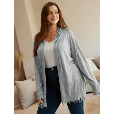 Bloomchic Women's Plus Size Supersoft Essentials Solid Hooded Raw Hem Drawstring Cardigan Lightgray Long Sleev In Gray