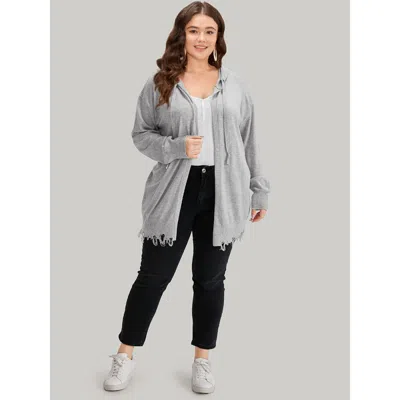 Bloomchic Women's Plus Size Supersoft Essentials Solid Hooded Raw Hem Drawstring Cardigan Lightgray Long Sleev In Gray