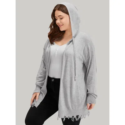 Bloomchic Women's Plus Size Supersoft Essentials Solid Hooded Raw Hem Drawstring Cardigan Lightgray Long Sleev In Gray