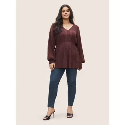 Bloomchic Women's Plus Size Solid Cable Knit Elastic Waist Pullover Maroon Plain Long Sleeve 28/5x In Burgundy