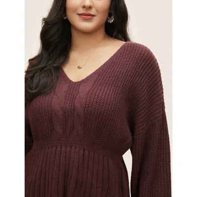 Bloomchic Women's Plus Size Solid Cable Knit Elastic Waist Pullover Maroon Plain Long Sleeve 28/5x In Burgundy