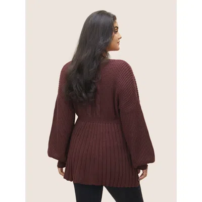 Bloomchic Women's Plus Size Solid Cable Knit Elastic Waist Pullover Maroon Plain Long Sleeve 28/5x In Burgundy