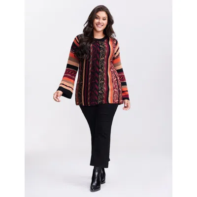 Bloomchic Women's Plus Size Boho Stripe Flared Sleeve Stretchy Pullover Black Not Graphics Long Sleeve Round N In Black