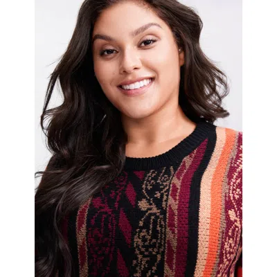 Bloomchic Women's Plus Size Boho Stripe Flared Sleeve Stretchy Pullover Black Not Graphics Long Sleeve Round N In Black