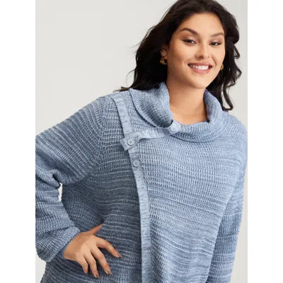 Bloomchic Women's Plus Size Turtleneck Wrap Adjustable Button Pullover Aegean Long Sleeve 18-20/2x In Blue